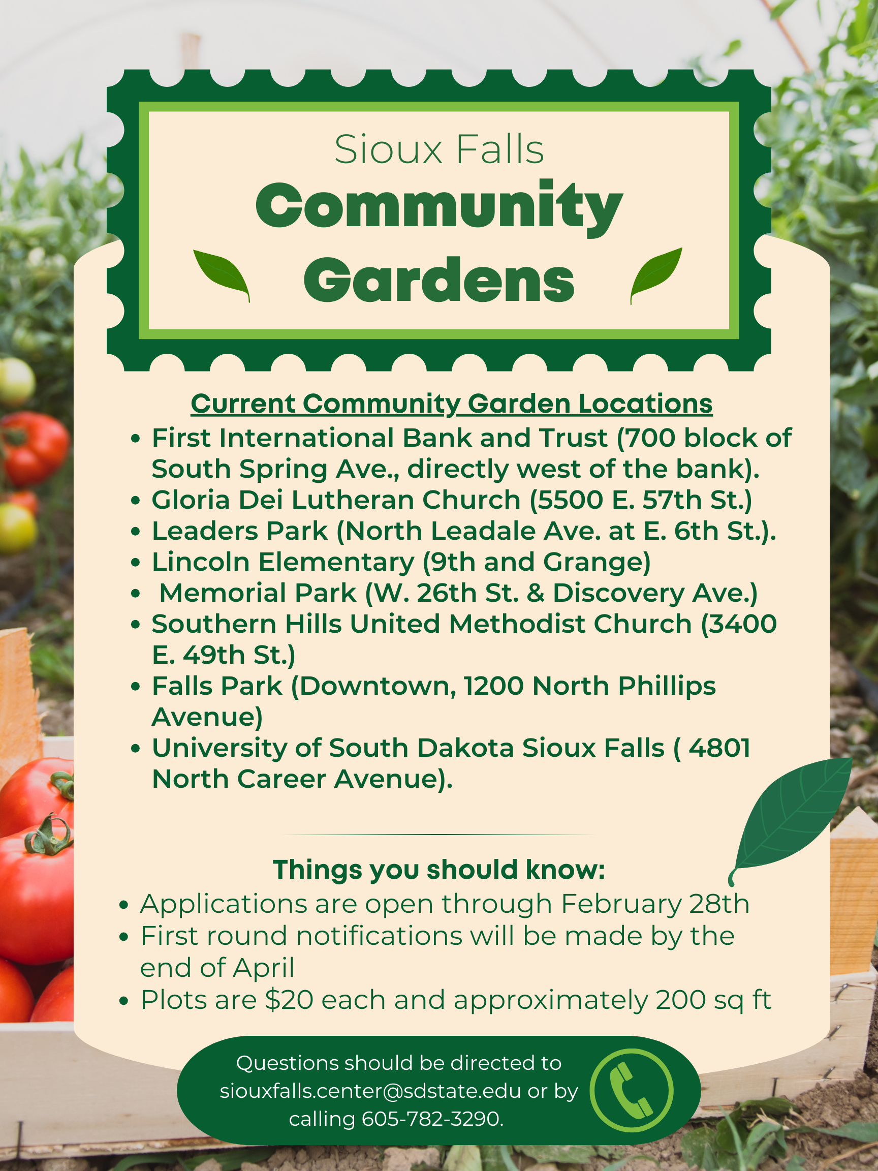 A graphic listing all 8 community garden locations. 